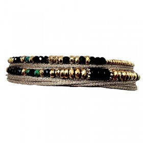 Bracelet double tours RIM 2 - Cordons dorés, Tourmalines bleues & Spinelles noirs BELLE MAIS PAS QUE