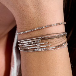 Bracelet double tours ATLANTA en argent, cordons & perles beige marron