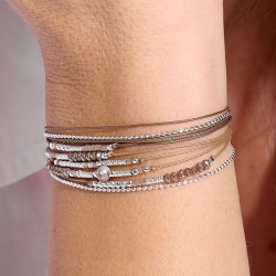 Bracelet double tours ATLANTA en argent, cordons & perles beige marron