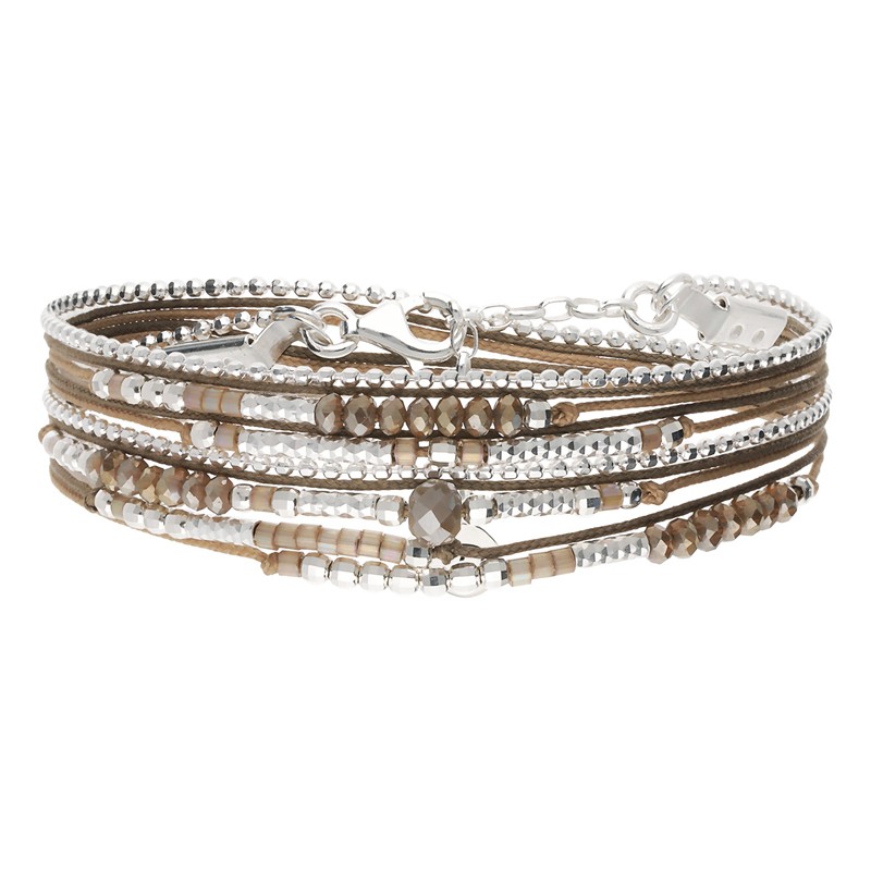 Bracelet double tours ATLANTA en argent, cordons & perles beige marron DORIANE BIJOUX