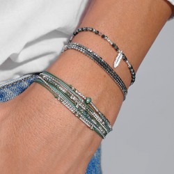 Bracelet double tours ATLANTA en argent, cordons & perles vert kaki