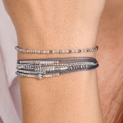 Bracelet double tours ATLANTA en argent, cordons gris et perles grises