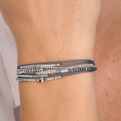 Bracelet double tours ATLANTA en argent, cordons gris et perles grises