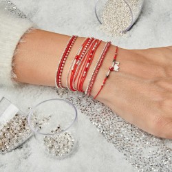 Bracelet élastique triple tours HEAVEN en argent - Perles miyukis rouge TAILLE S