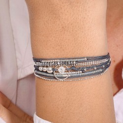 Bracelet 3 tours cordons GRIS argent - Anneau ciselé & zirconium