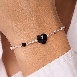 Bracelet élastique en argent - Coeur en Cristal Swarovski noir TAILLE M