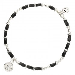 Bracelet élastique en argent - Perles noires & Pendentif Pastille Ange DORIANE BIJOUX