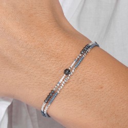 Bracelet 2 tours élastique SPRING en argent - Perles bleues TAILLE S