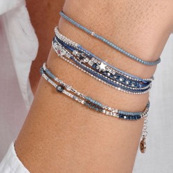 Bracelet 2 tours élastique SPRING en argent - Perles bleues TAILLE S