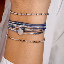 Bracelet élastique en argent MAYOTTE BLEU - Perles lisses & ciselées TAILLE S