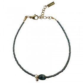 Bracelet multi-tours FABI - Perles de verre grises, nacre & Cabochon bleu marine - BY GARANCE