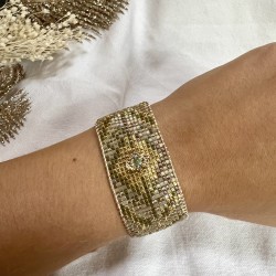 Bracelet manchette tissée MAYSANNE - Miyuki gris kaki doré & décor ovale