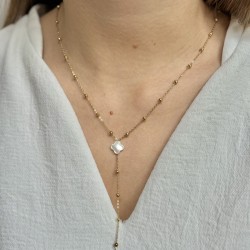 Collier Y JIMICOL chaîne perlée dorée - Pendentif trèfle nacre blanche