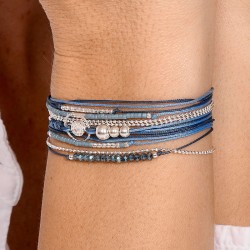 Bracelet 3 tours cordons BLEU argent - Anneau ciselé & zirconium