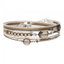 Bracelet 3 tours LE VIRTUOSE en argent - Cordons beige marron & Pierres DORIANE