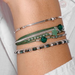 Bracelet élastique en argent VERT ELEGANCE PURE - Perles de verre TAILLE S