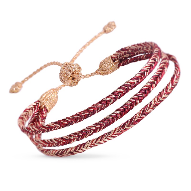 Bracelet Triple Mini Eya Peach Burgundy - fils d'or tressés bordeaux Maayaz