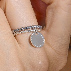 Bague élastique double en Argent - Perles grises & Pendentif Pastille TAILLE M