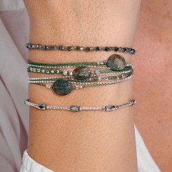 Bracelet élastique en argent - Perles grises & Vert Kaki Matala TAILLE M