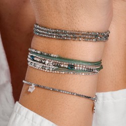 Bracelet multitours LE TUBE en argent - Cordons & Perles Vert Kaki