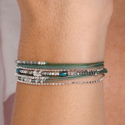 Bracelet multitours LE TUBE en argent - Cordons & Perles Vert Kaki