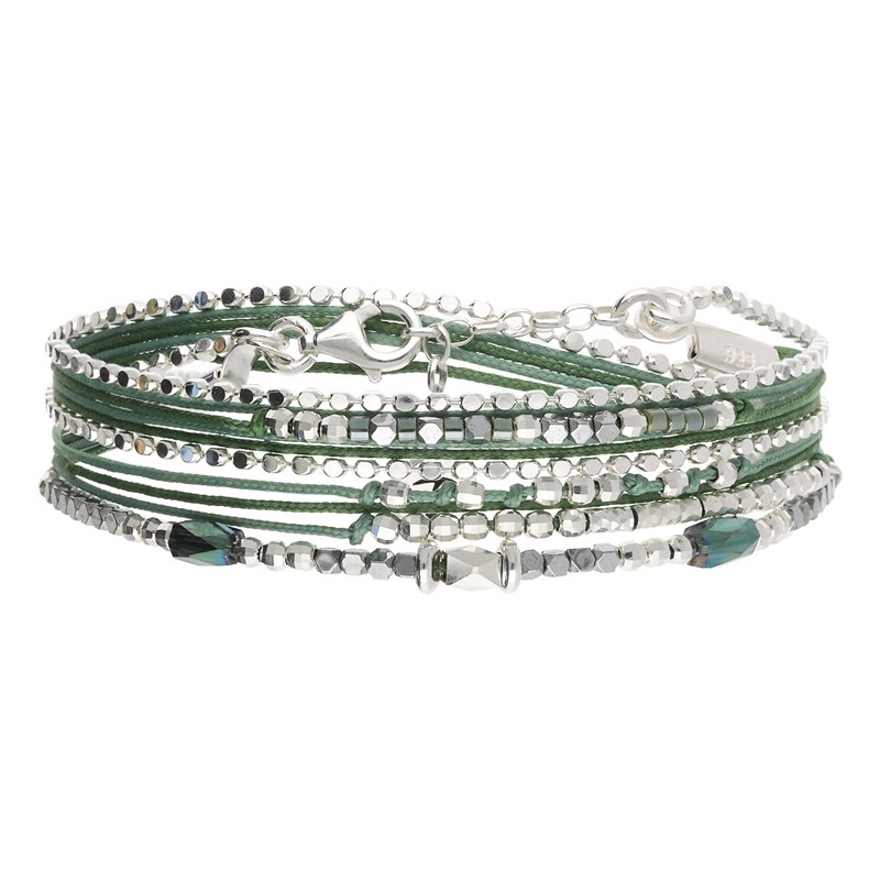 Bracelet élastique LE TUBE en argent - Cordons & Perles Vert Kaki - DORIANE Bijoux