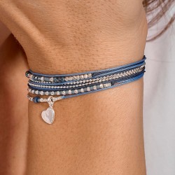 Bracelet cordons LE COEUR D'AMOUR en argent - Perles bleues