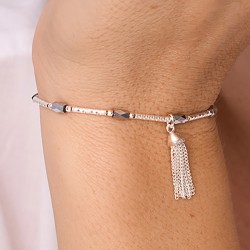 Bracelet élastique POMPON Argent - Tubes diamantés & Perles de verre TAILLE S