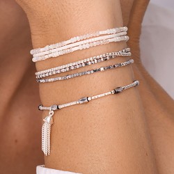 Bracelet élastique POMPON Argent - Tubes diamantés & Perles de verre TAILLE S