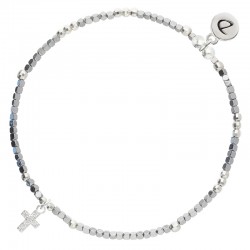 Bracelet élastique CROIX ZIRCON en Argent - Miyuki & Perles de verre grises - DORIANE Bijoux