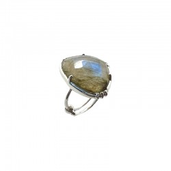 Bague ajustable en argent - Grosse Pierre de Labradorite grise