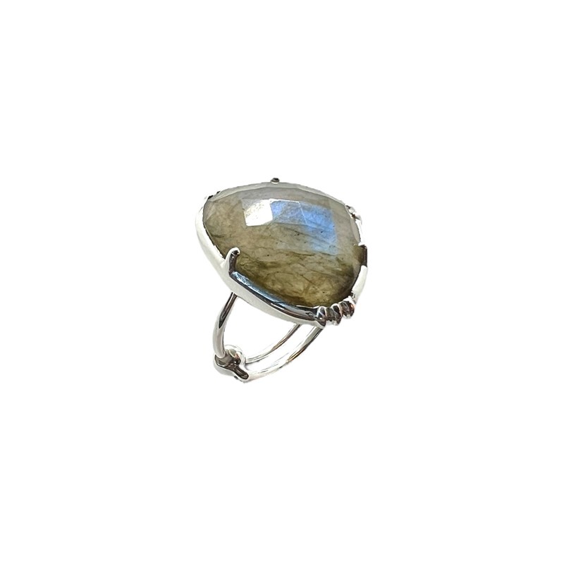 Bague ajustable en argent - Grosse Pierre de Labradorite grise