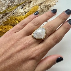 Bague ajustable Or - Grosse Pierre de Labradorite blanche