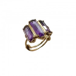 Bague ajustable Or - Trois Pierres barrettes Améthyste violet