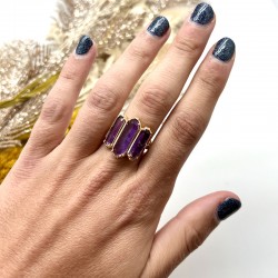 Bague ajustable Or - Trois Pierres barrettes Améthyste violet AU FIL DE LO