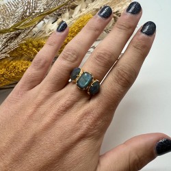 Bague ajustable Or - 3 Pierres Labradorites serties rectangle & ovales