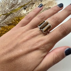 Bague ajustable en Argent - Trois pierres Barrettes Oeil de Tigre