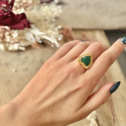 Bague ajustable COEUR Or - Onyx vert facetté