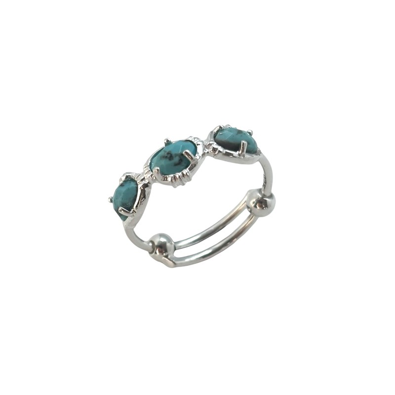 Bague ajustable en Argent - Trois pierres Turquoises ovales - Au Fil De Lo