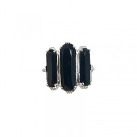 Bague ajustable en Argent - Trois Pierres barrettes Spinelles noirs - Au Fil De Lo