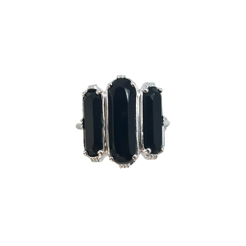 Bague ajustable en Argent - Trois Pierres barrettes Spinelles noirs - Au Fil De Lo