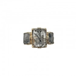 Bague ajustable Or - Trois Pierres serties rectangulaires Quartz rutile noir