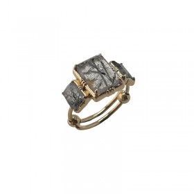 Bague ajustable Or - Trois Pierres serties rectangulaires Quartz rutile noir - Au Fil De Lo