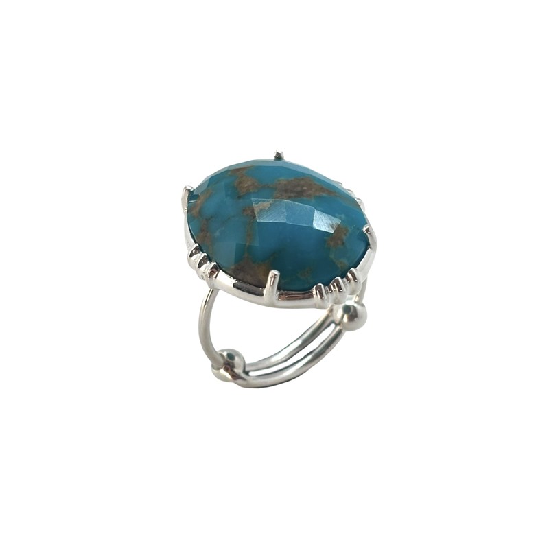 Bague ajustable Argent - Grosse pierre Turquoise ovale - Au Fil De Lo