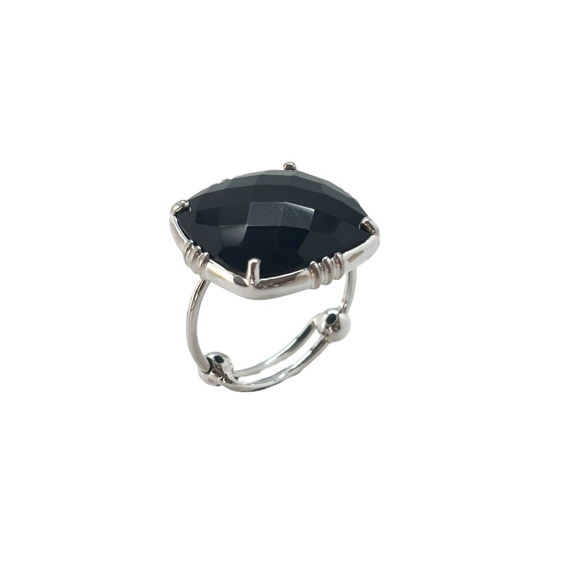 Bague ajustable Argent - Grosse pierre Spinelle Noir carrée - Au Fil De Lo