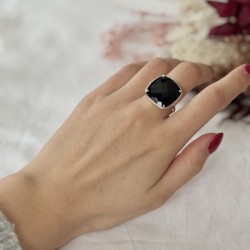 Bague ajustable en Argent - Grosse pierre Spinelle Noir carré