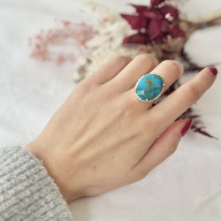 Bague ajustable Argent - Grosse pierre Turquoise ovale