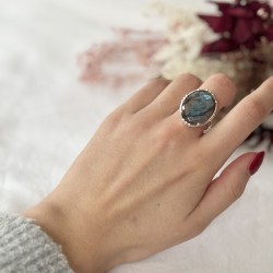 Bague ajustable Argent - Grosse pierre Labradorite ovale