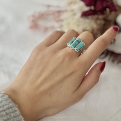 Bague ajustable Argent - Trois Pierres barrettes Turquoises