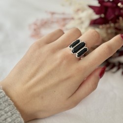 Bague ajustable en Argent - Trois Pierres barrettes Spinelles noirs